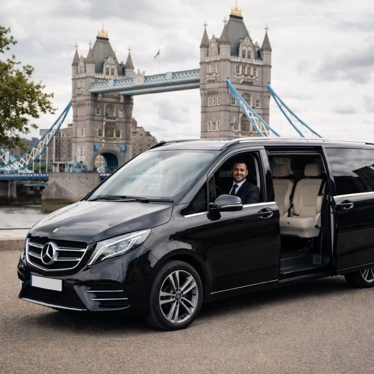 Mercedes-Benz V-Class with a professional driver and an open passenger door parked near Tower Bridge in London