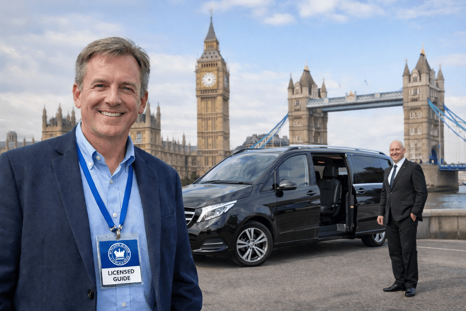 Private London panoramic tour by Mercedes V-Class with licensed Blue Badge guide Licensed Blue Badge tourist guide standing next to a Mercedes V-Class with a professional driver during a private London sightseeing tour, with Big Ben and Tower Bridge in the background